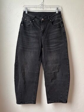 Sidefeel Black Washed Barrel Leg Jeans Cropped High Rise Tapered Denim Size 4